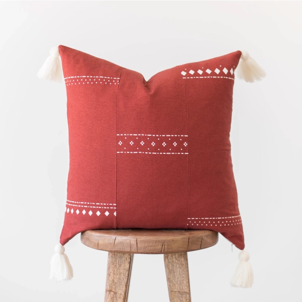 Woven Nook Red and White Pom Pillow cover